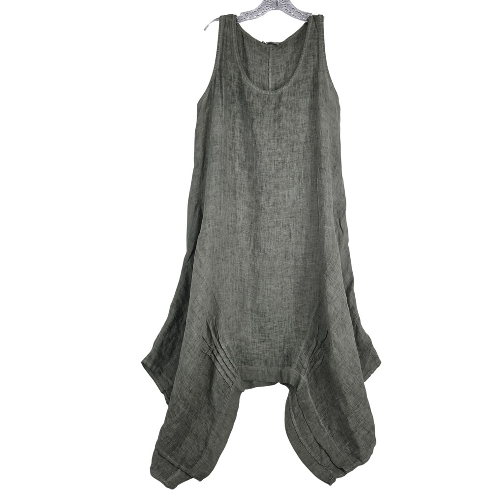 Made Italy Linen Lagenlook Dress OS Green Asymmetrical Art-inspired Minimalist
